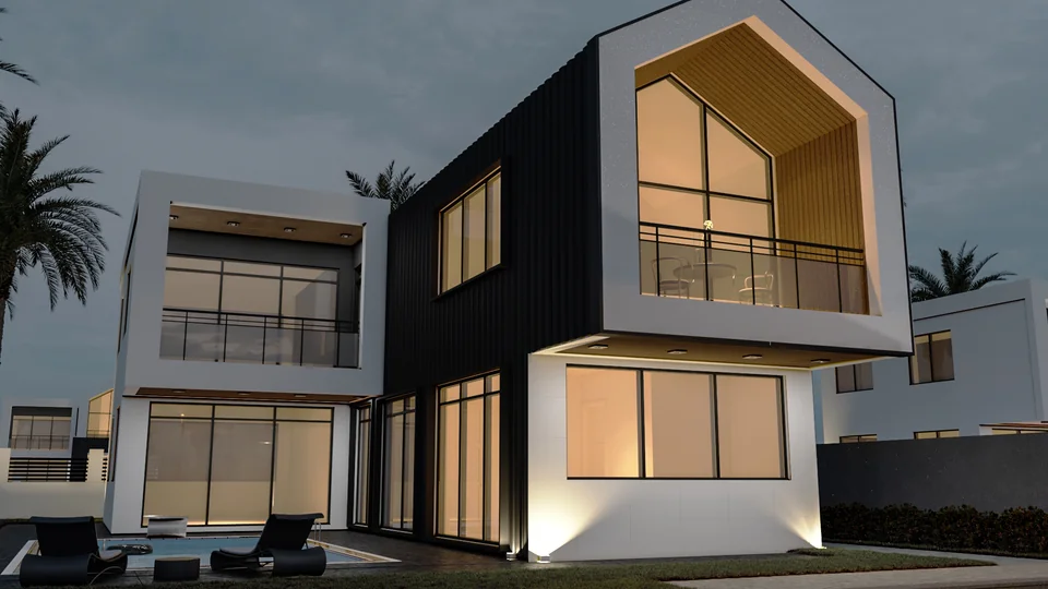 Villa Dormie — gece cephe görünümü